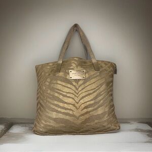 Michael Kors Cotton Zebra Print Tote 17” Gold Silver Striped Everyday Bag